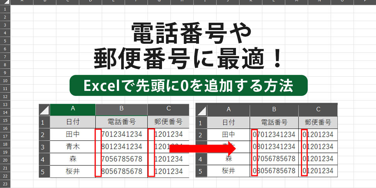 Excel(エクセル)で先頭に0を追加する方法:電話番号や郵便番号に最適!